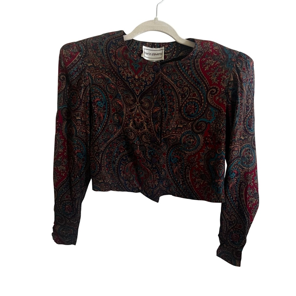 Karin Stevens Vintage Paisley Cropped Jacket Rayon ILGWU Made in‎ USA Red Teal 8